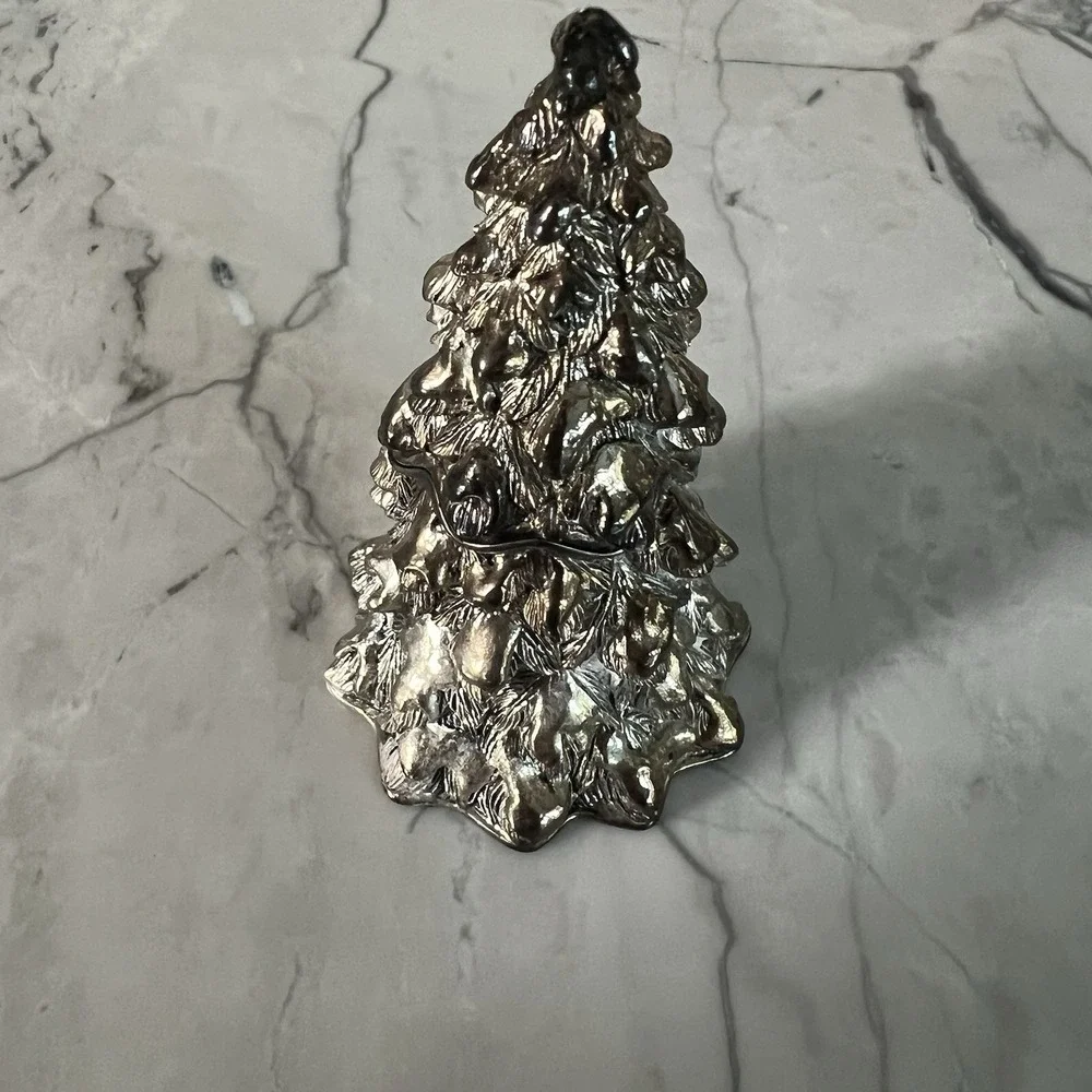 Small Silver Toned Metal Christmas‎ Tree Design Trinket Box W/ Hinged Lid